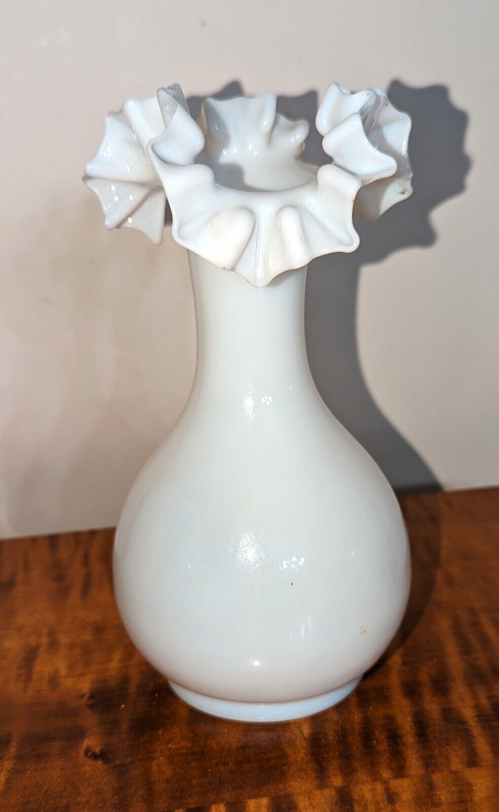 Antique Victorian Hand Blown White Opaline Crimped Ruffled Vase 7.75\