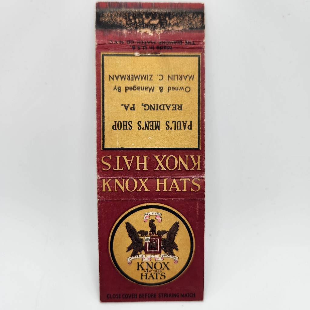 Vintage Matchcover Knox Hats Paul's Men's Shop Reading Pennsylvania 