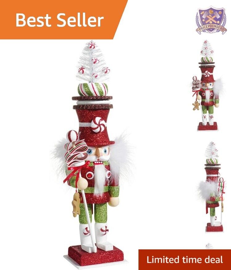 Festive Candy Soldier Nutcracker - Red and Green Glitter - Peppermint Candies