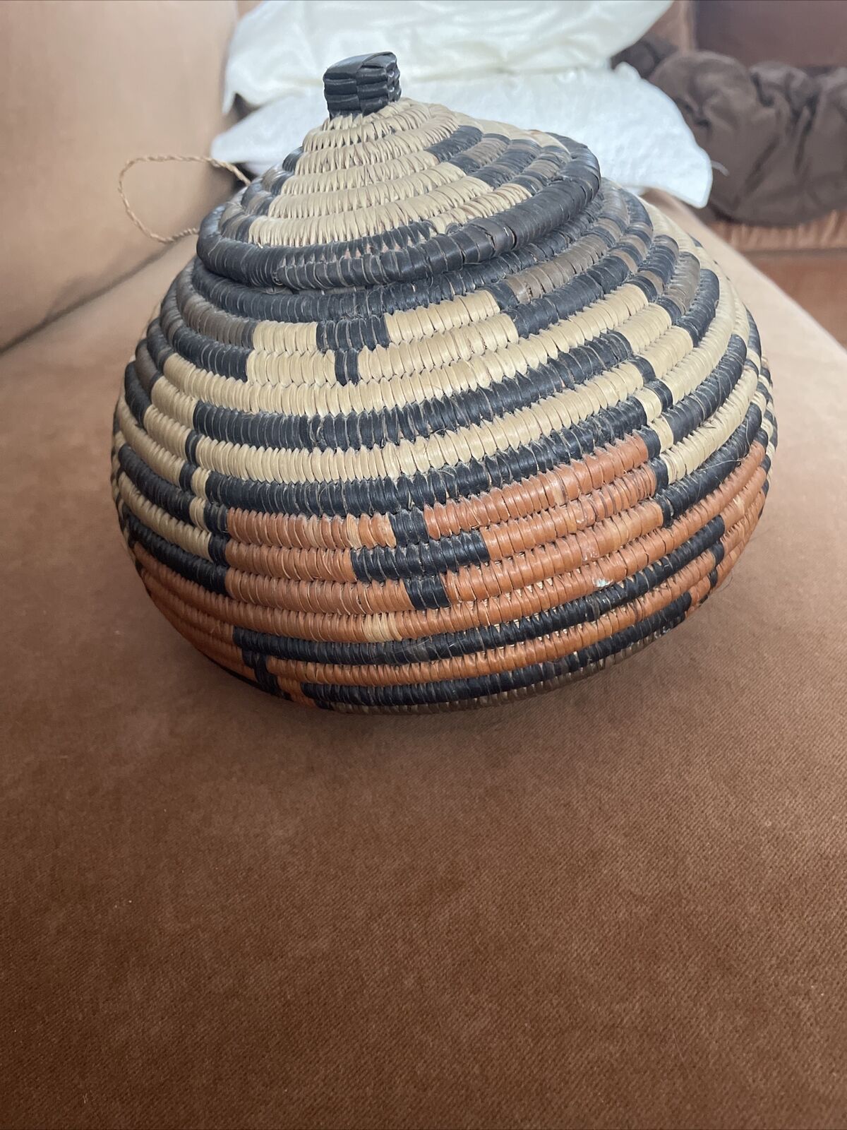 Vintage African Zulu Water Basket Authentic Hand Woven Zig-Zag Pattern