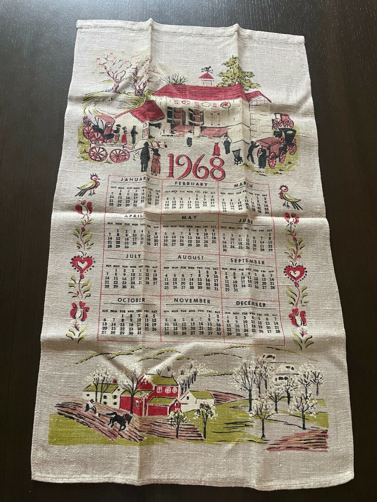 Vintage Linen Kitchen Tea Towel 1968 Calendar 28X16 Country Folk