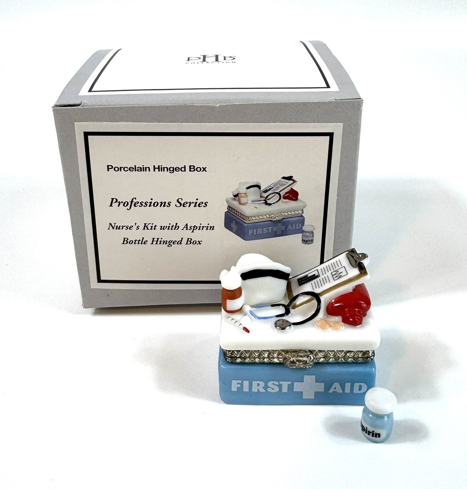 PHB Nurse's Kit with Aspirin Porcelain Hinged Trinket Box Nursing First Aid