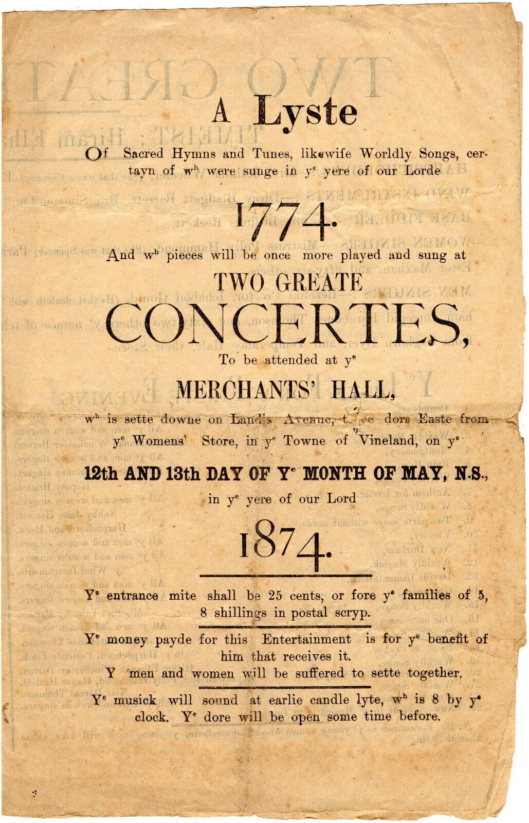 RARE 1874 Vineland, New Jersey Merchants Hall Concert Program *WARNING ALCOHOL*