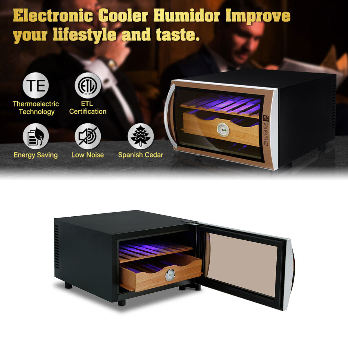 25L Electric Humidor Cigar Cooler w/Spanish Cedar Wood Shelves Cooling & Heating
