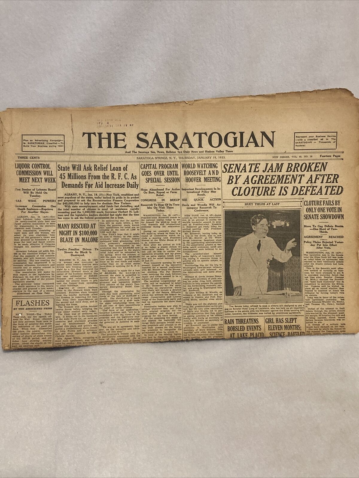 January 19. 1933 The Saratogian Newspaper *RARE*