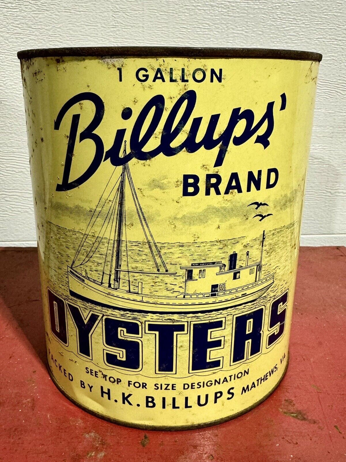 Vintage GALLON H.K. BILLUPS MATHEWS, VIRGINIA VA 464 TIN CAN OYSTER