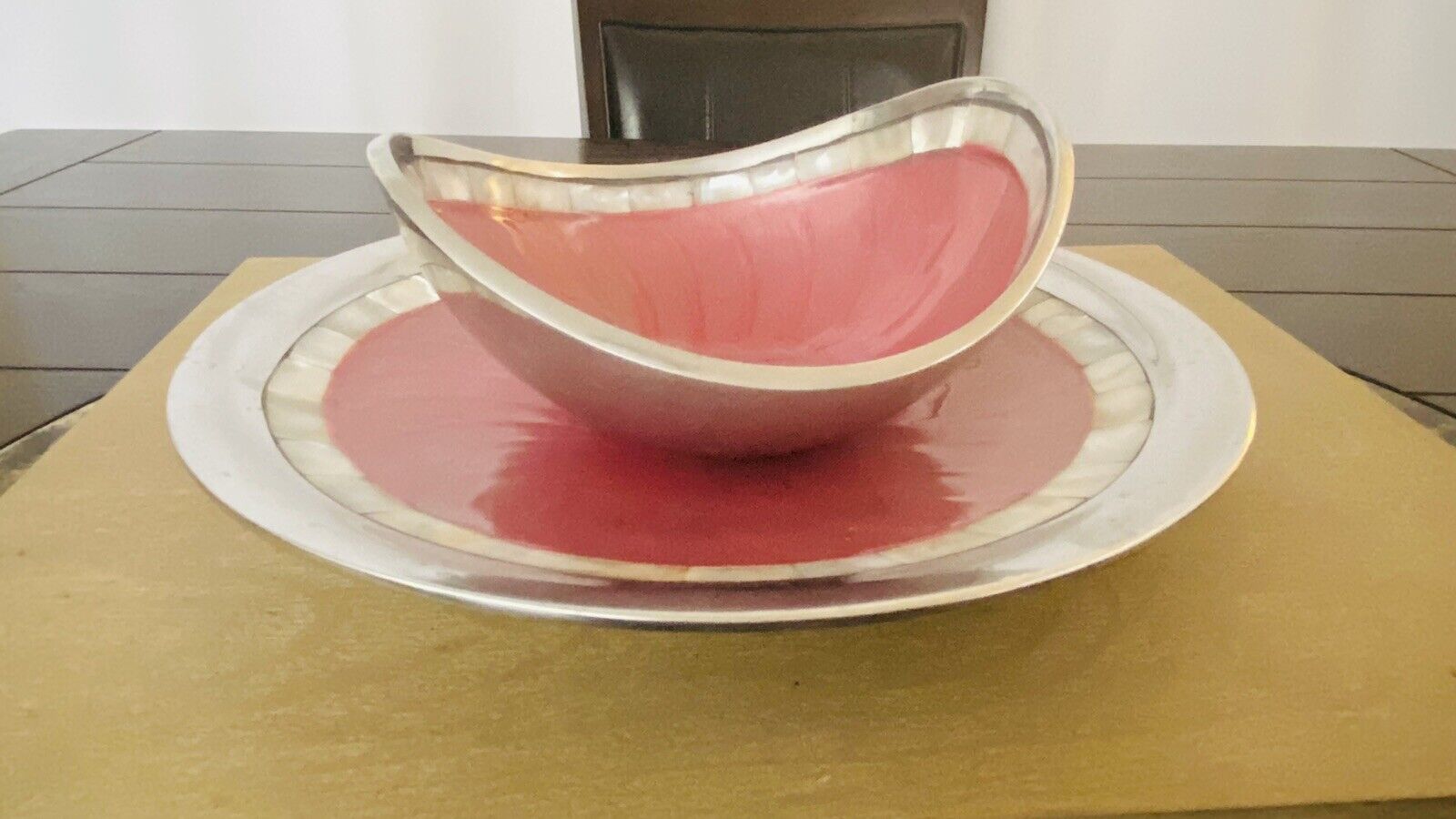 Julia Knight Set Of 2 Cast Aluminum Serving Dishes Mother of Pearl Pink Enamel