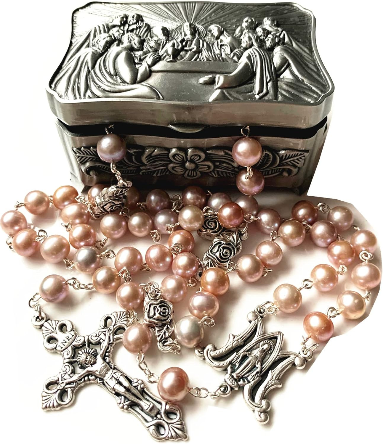 CATHOLIC AAA 8-9Mm REAL PEARL Pearls SILVER ROSE BEADS ROSARY