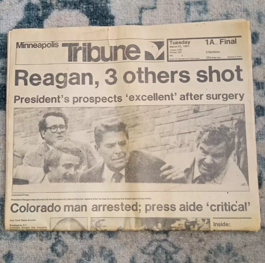 1981 Headline Newspaper Minneapolis Tribune March, 31 1981 President Shot