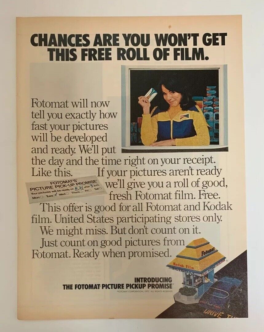 1977 Kodak Film Fotomat Print Ad Drive Thru Free Roll Of Film Pickup Promise