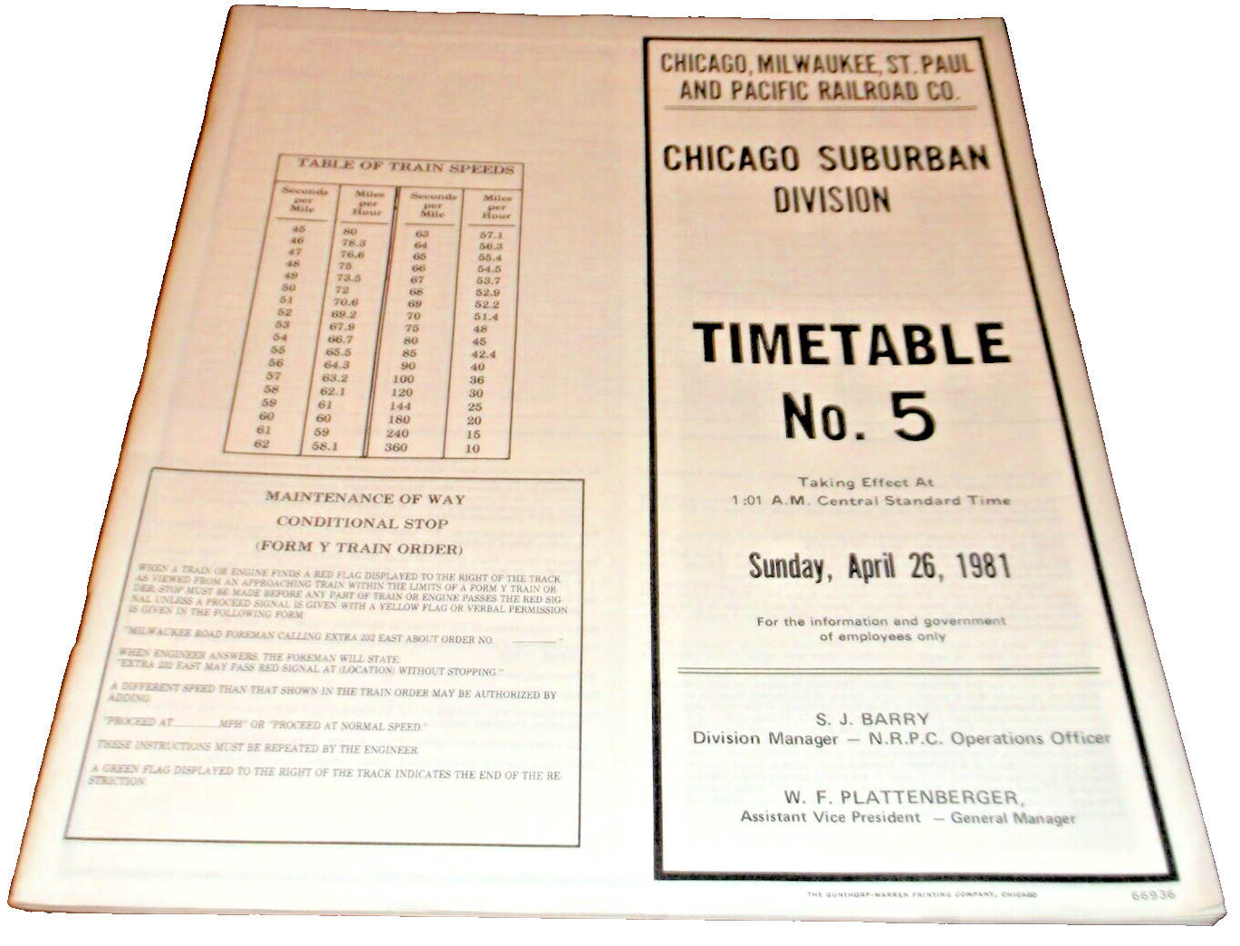 APRIL 1981 MILWAUKEE ROAD CHICAGO SUBURBAN DIVISION EMPLOYEE TIMETABLE #5