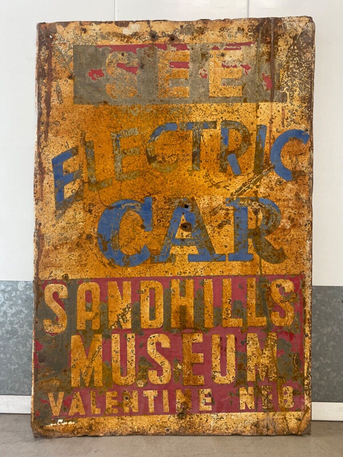 🔥 Unusual Antique Old ELECTRIC CAR Automobile Museum Painted Sign, 1930s