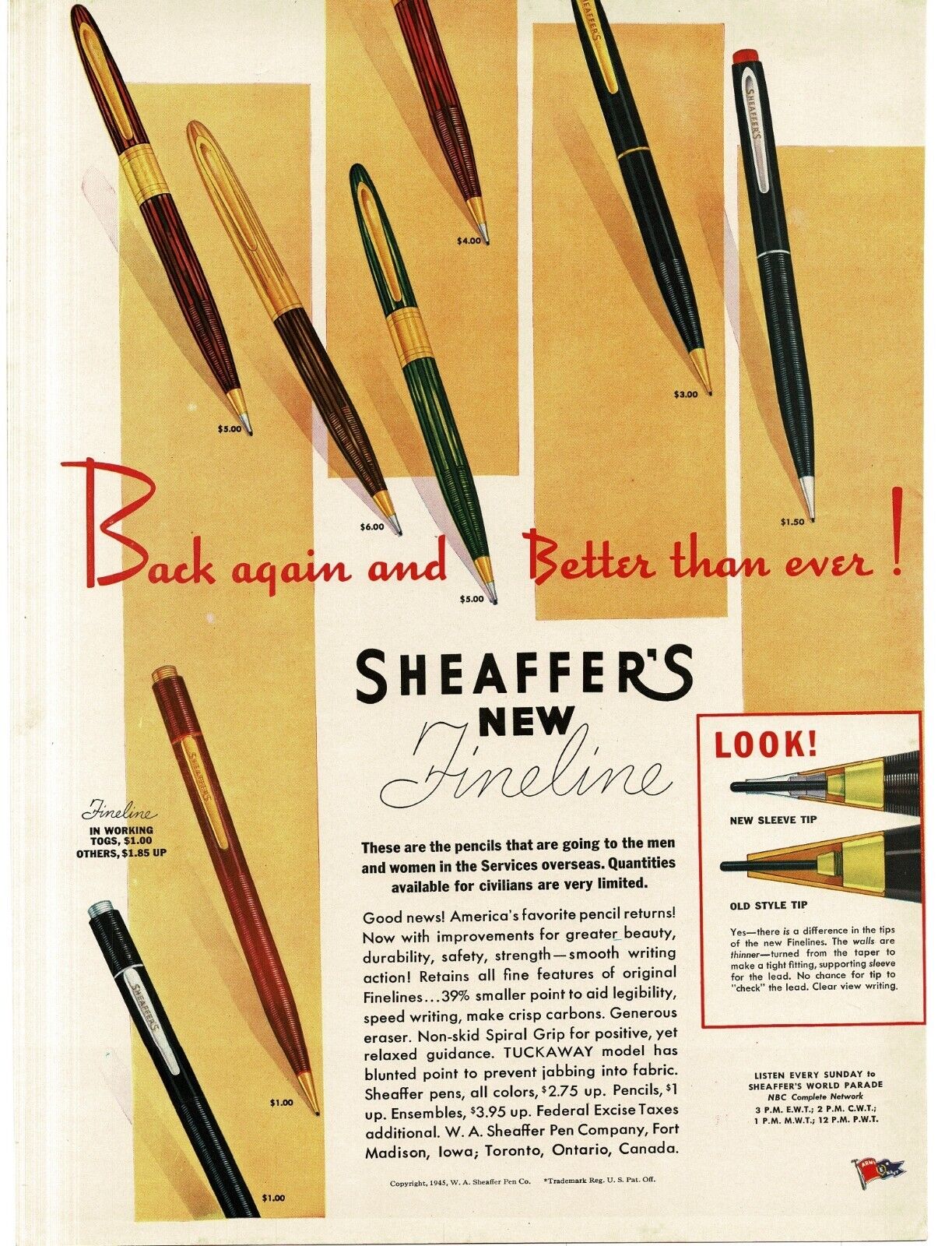 1945 Scheaffer Fineline Mechanical Pencils limited quantities until WWII over Ad
