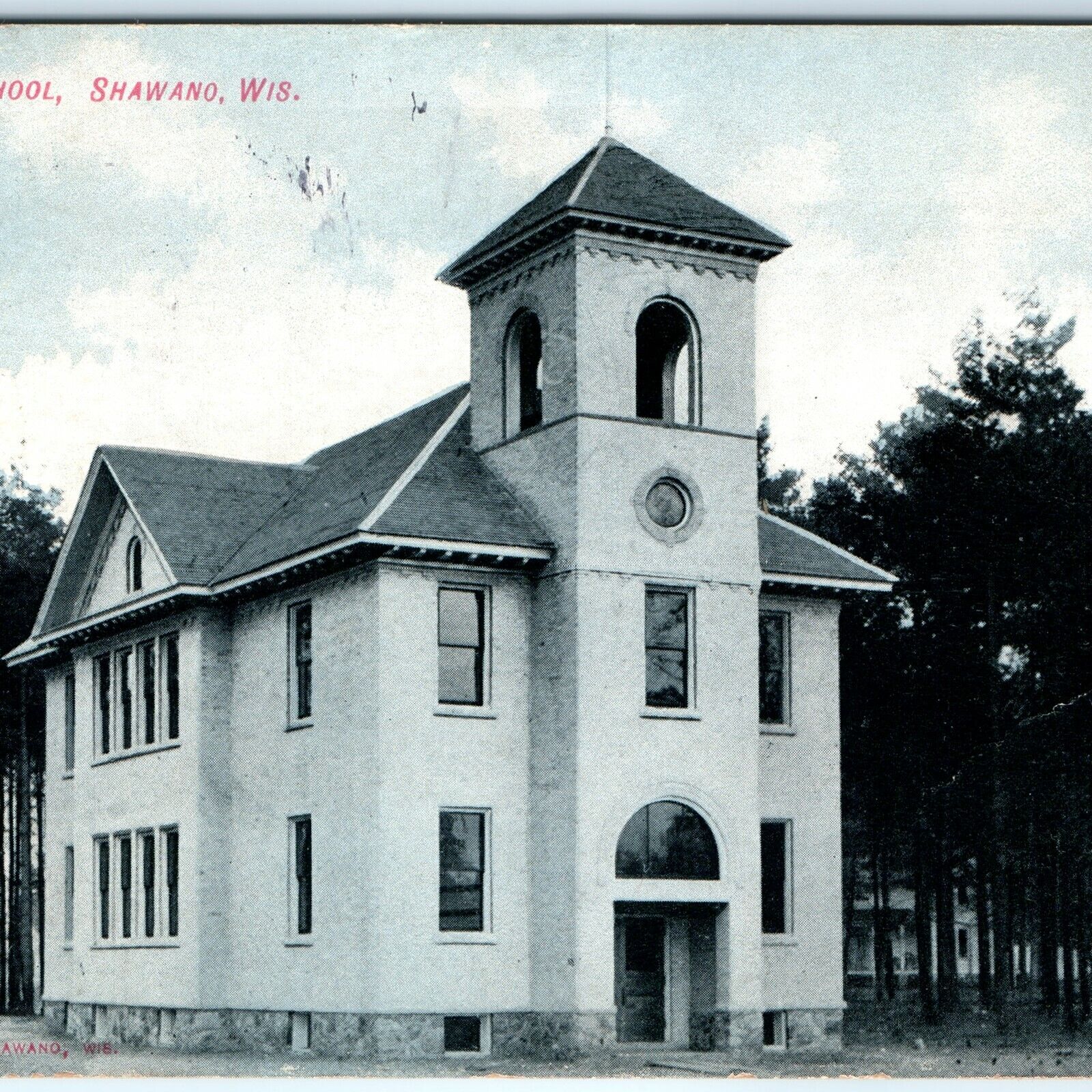 c1909 Shawano, Wis. St. Jakobi School Litho Photo Postcard Steam Launch A33