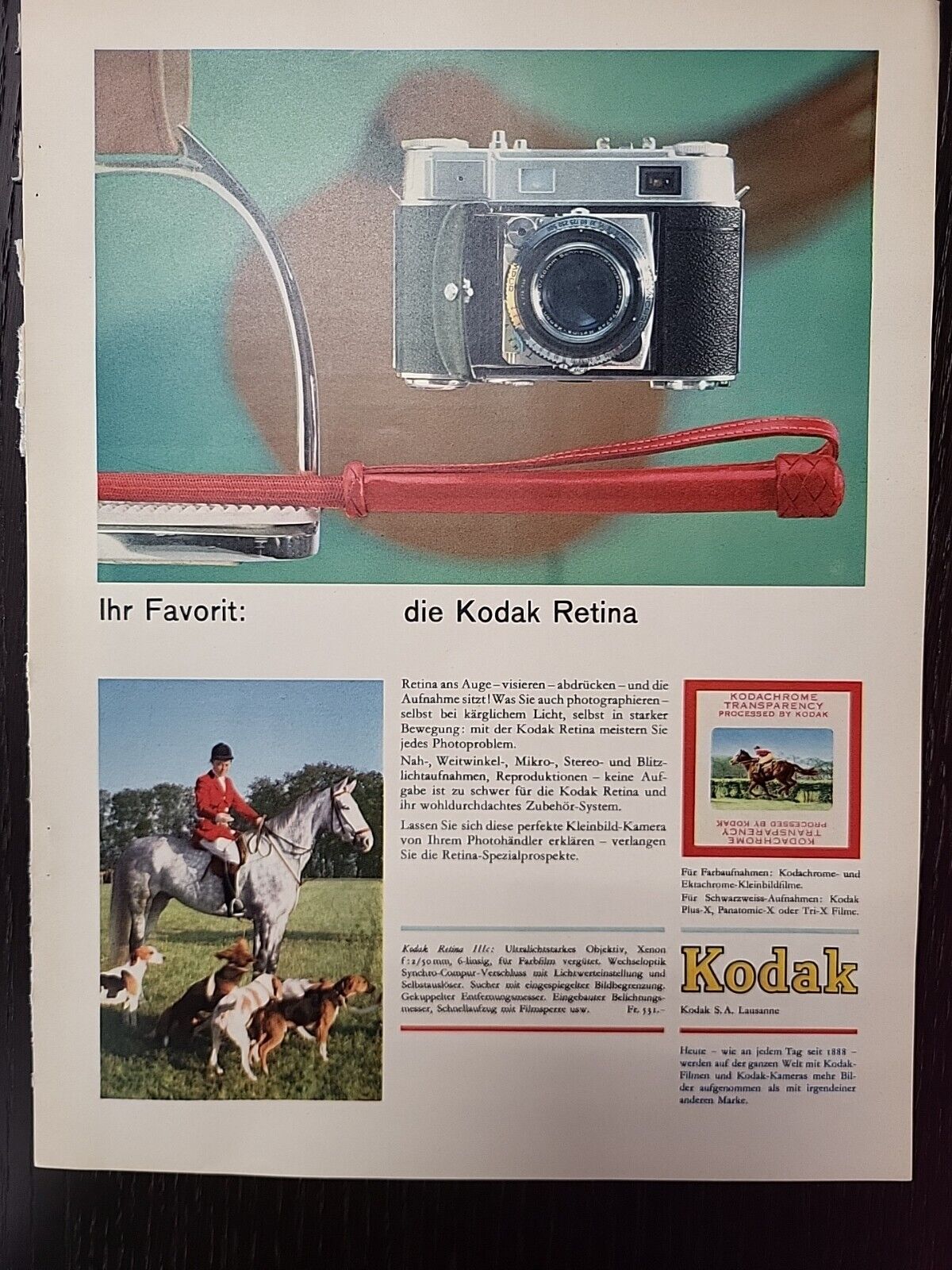Kodak Retina Camera Print Ad 1957 Du Magazine Swiss Fox hunt German Kodachrome