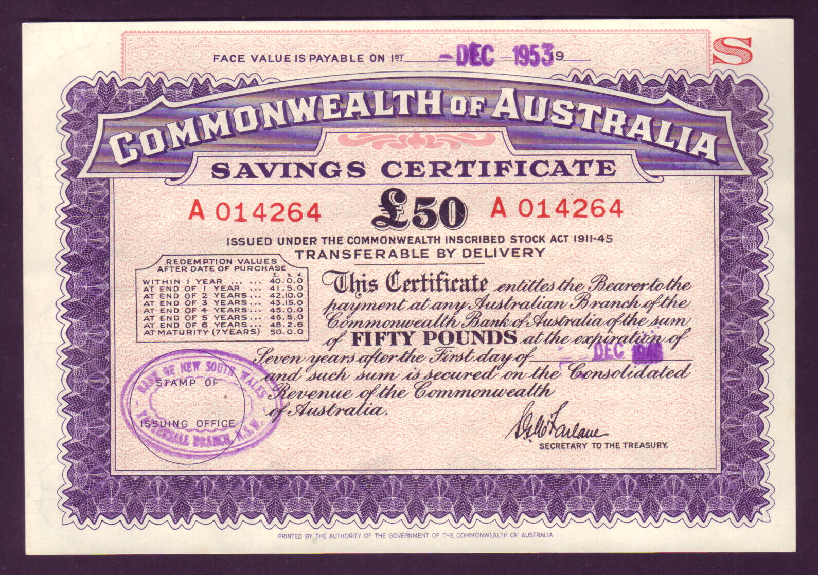 Australia.  1946 (Post WW.11) 7 Year Savings Certificate for 50 Pounds.. aUNC