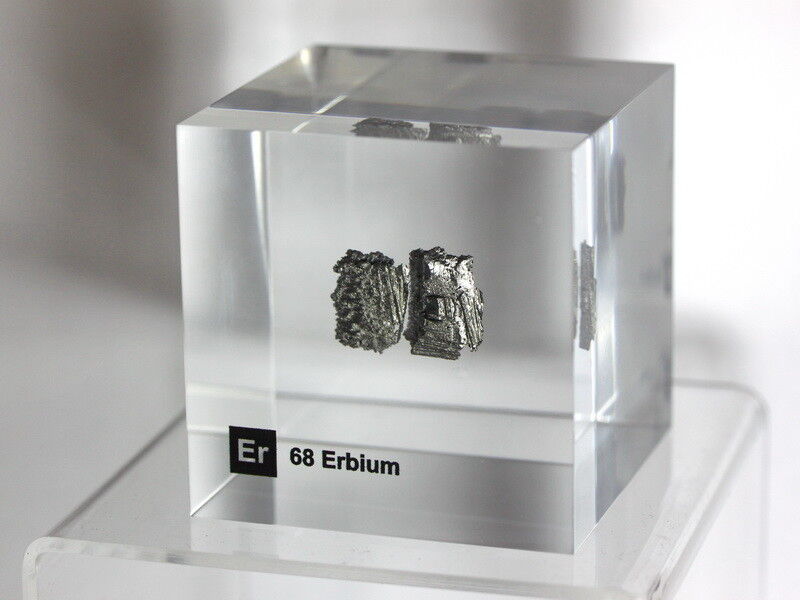 Erbium metal - Acrylic Element cube 50x50x50mm - stunning & rare element sample