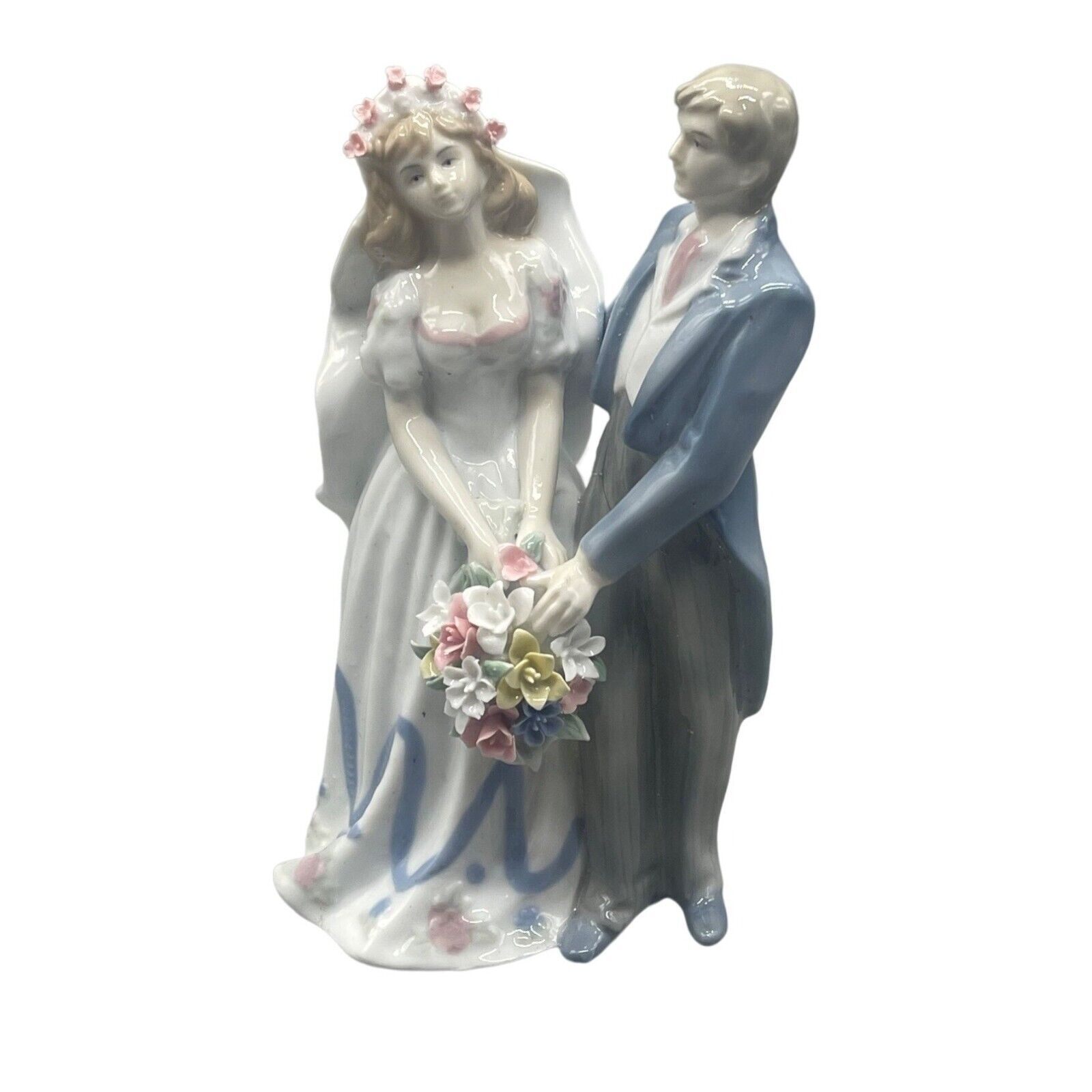 Wedding bride groom figurine porcelain floral blue white 9\