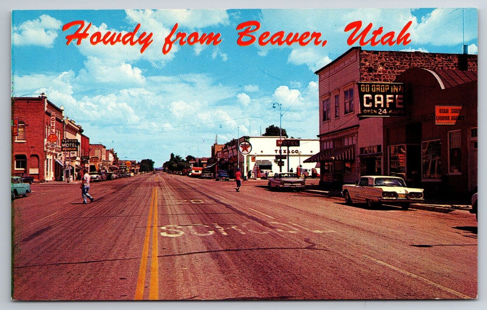 Vintage Postcard UT Beaver Howdy Old Cars Cafe Texaco Gas Station Chrome~13364