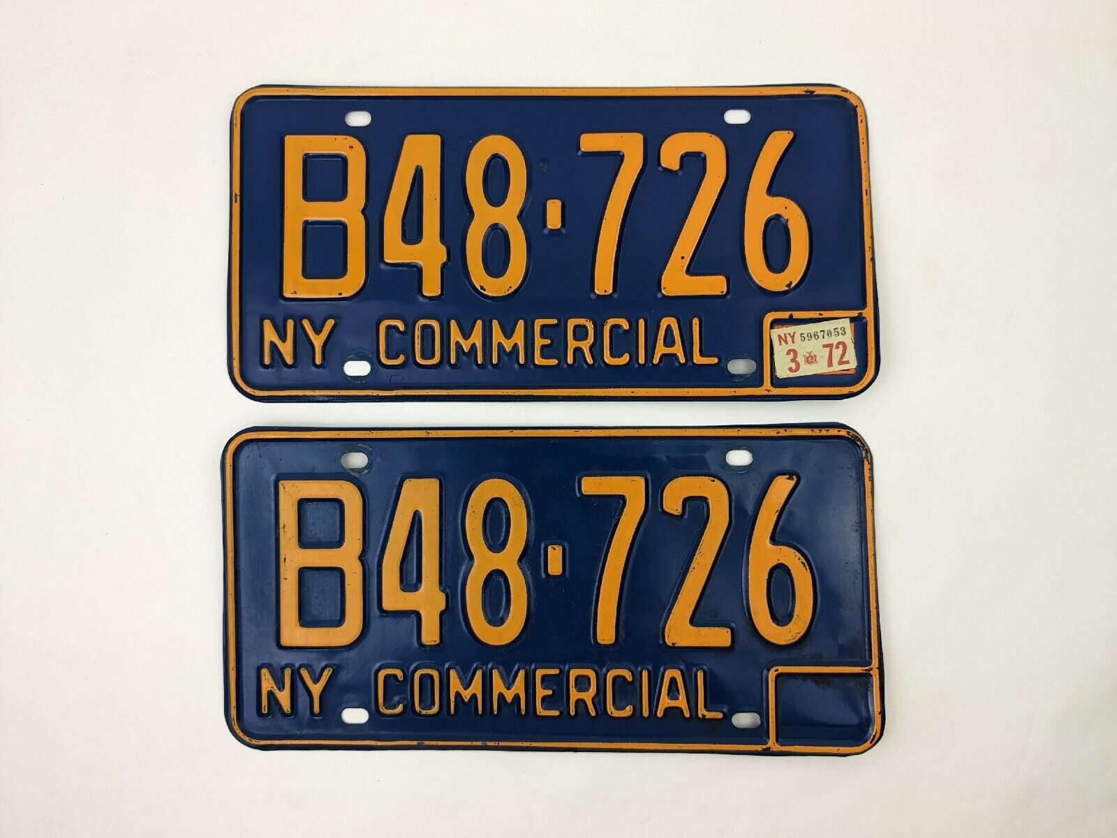 Vtg New York '66-'73 Commercial License Plates Matching Pair B48-726 Blue Yellow
