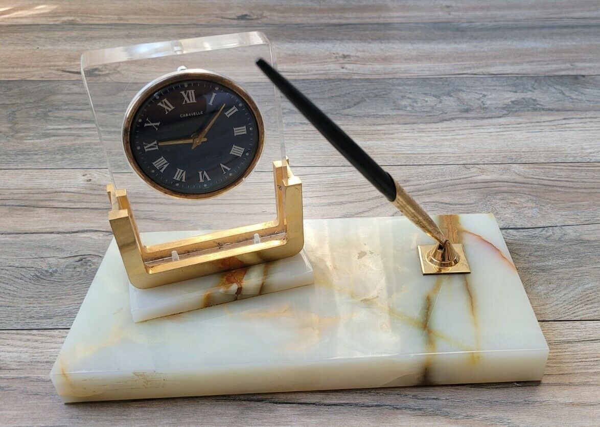Vintage Caravelle Desk Set Brass Windup Clock Onyx Stand with Pen 5X10