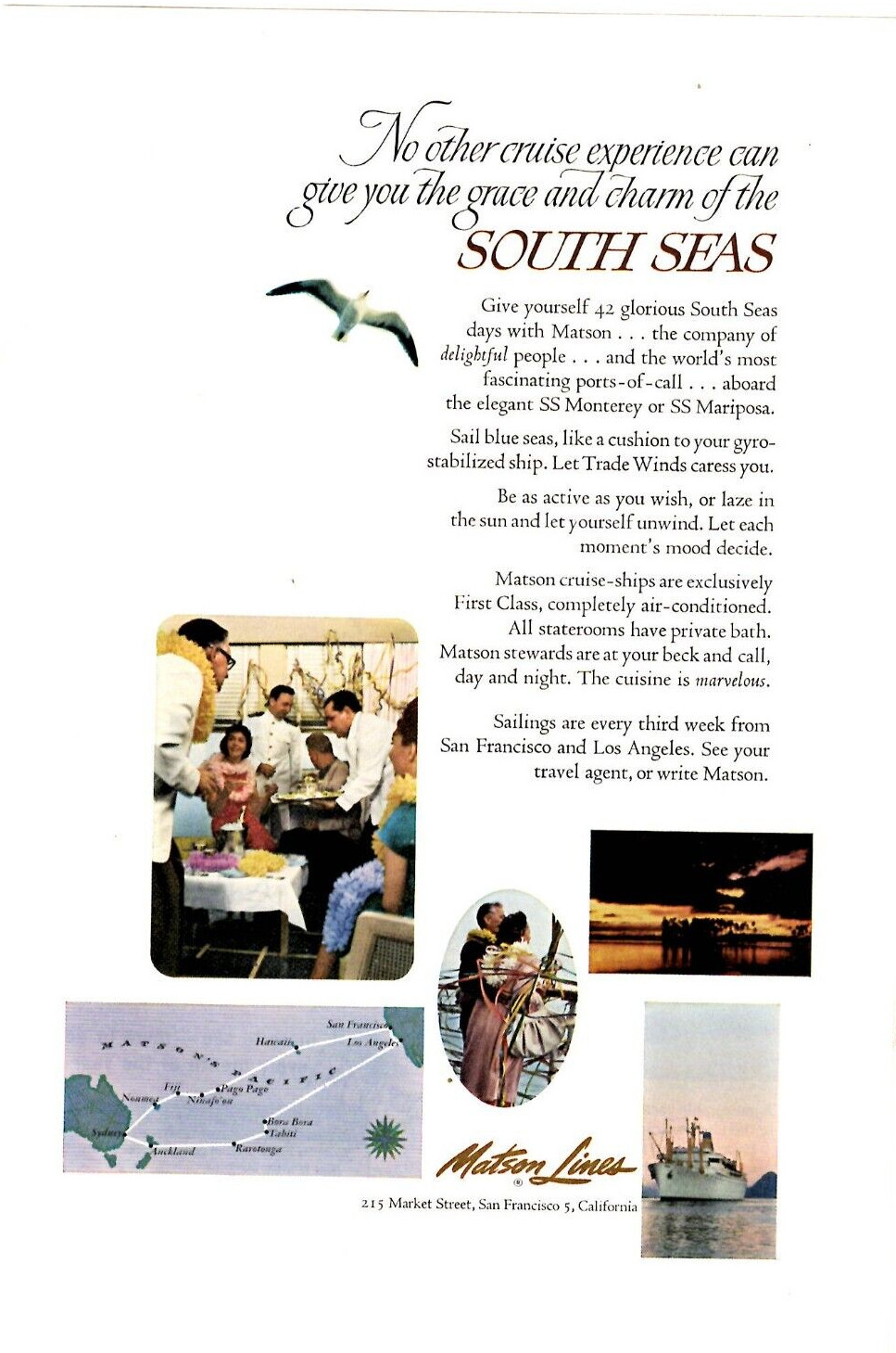 1963 Print Ad Matson Lines South Seas Cruise SS Monterey SS Mariposa Trade Winds