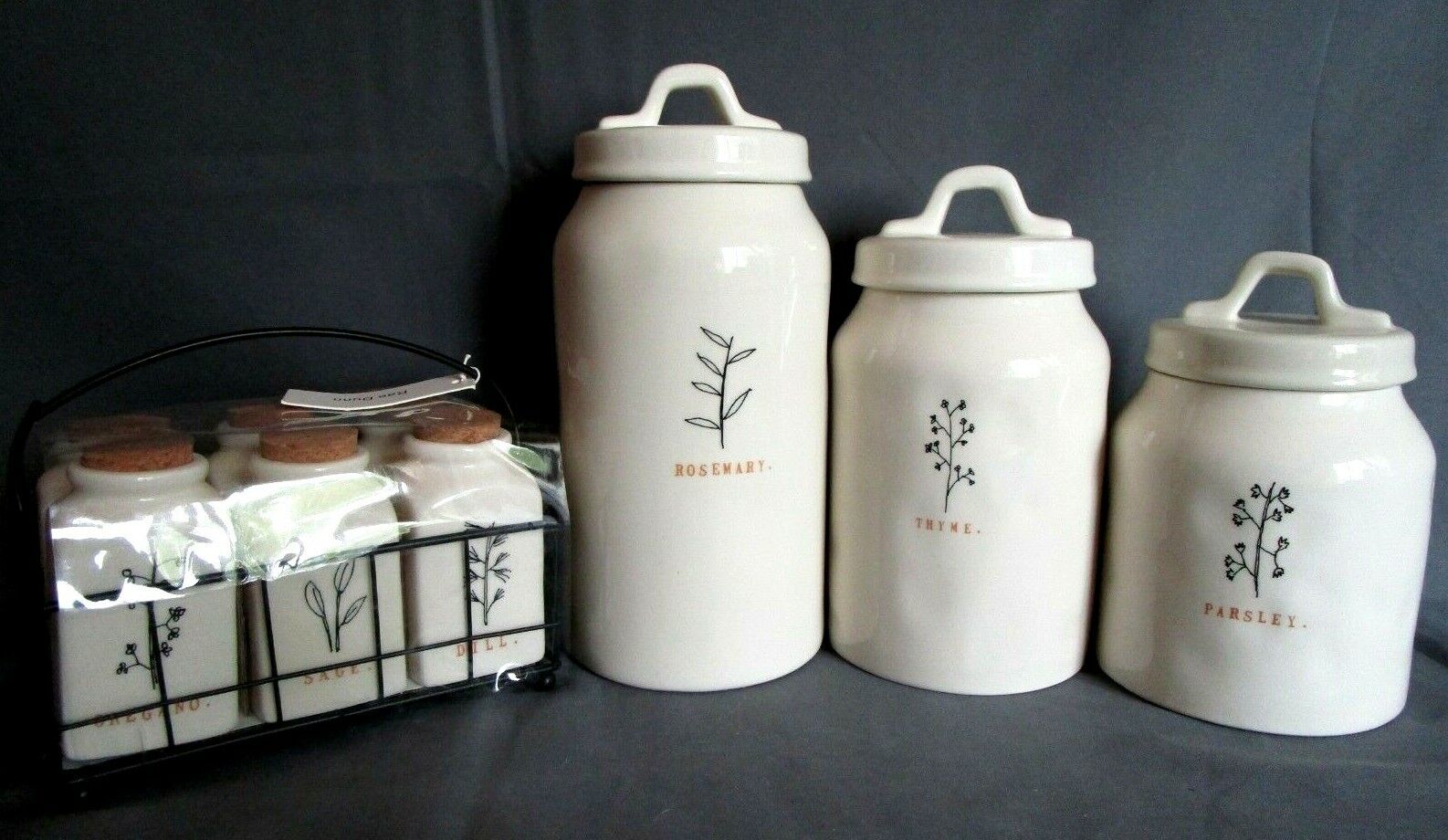NEW Rae Dunn ROSEMARY THYME PARSLEY Canisters Containers Set & Spice Jars W Rack