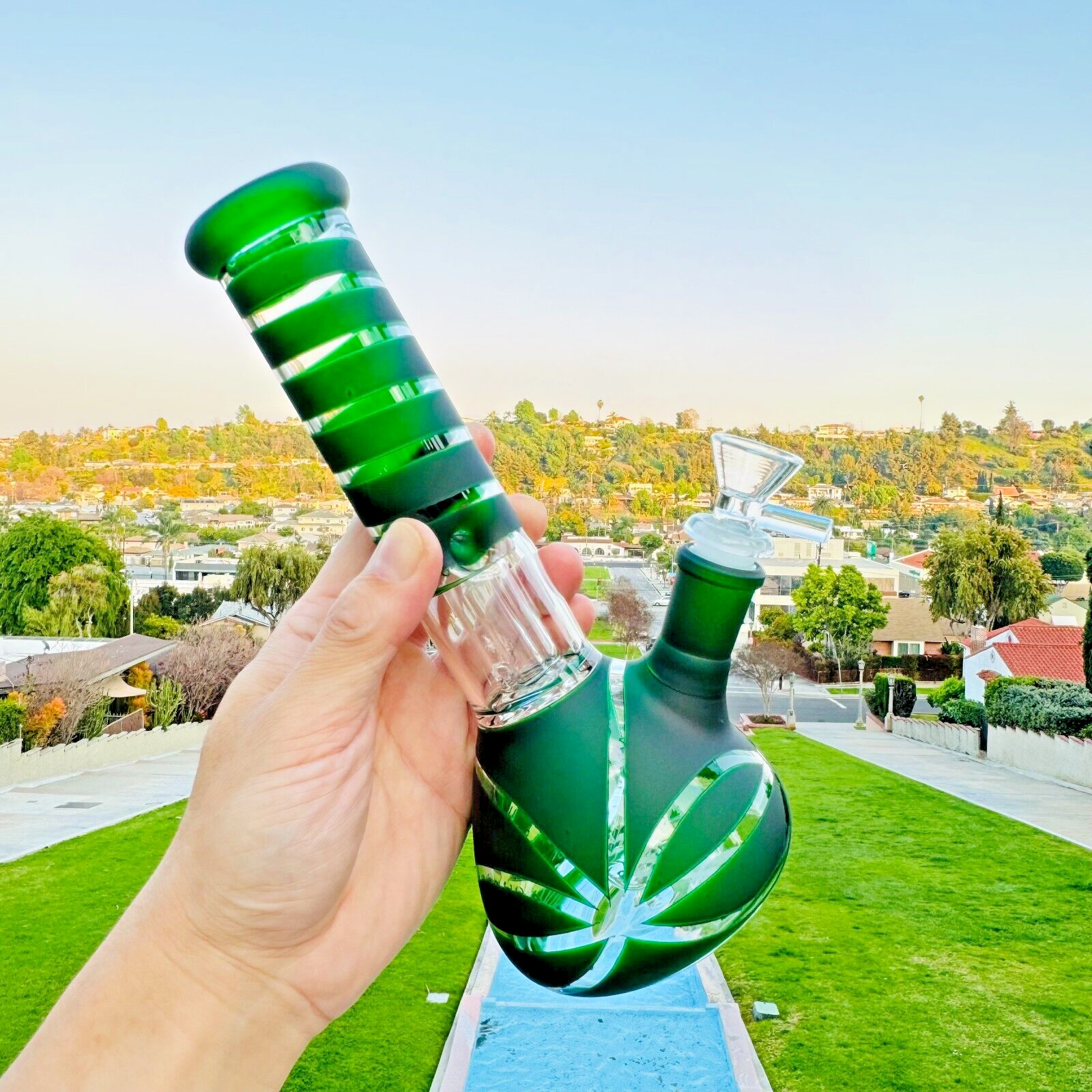 Green 9inch Hookah Glass Water Tobacco Pipe Bong Thick Bubbler with 14mm Bowl