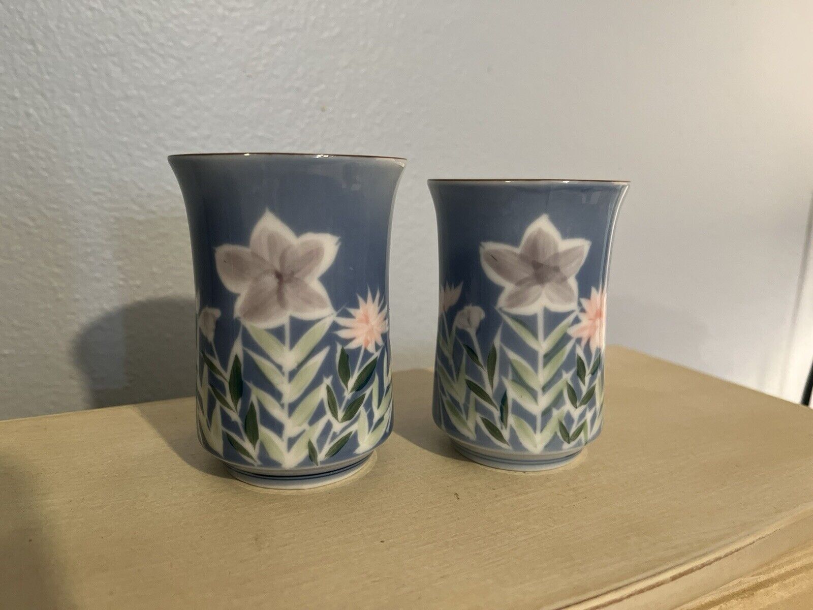 Set of Two Japanese Tea Cups in Perwinkle Blue with Pink Flowers