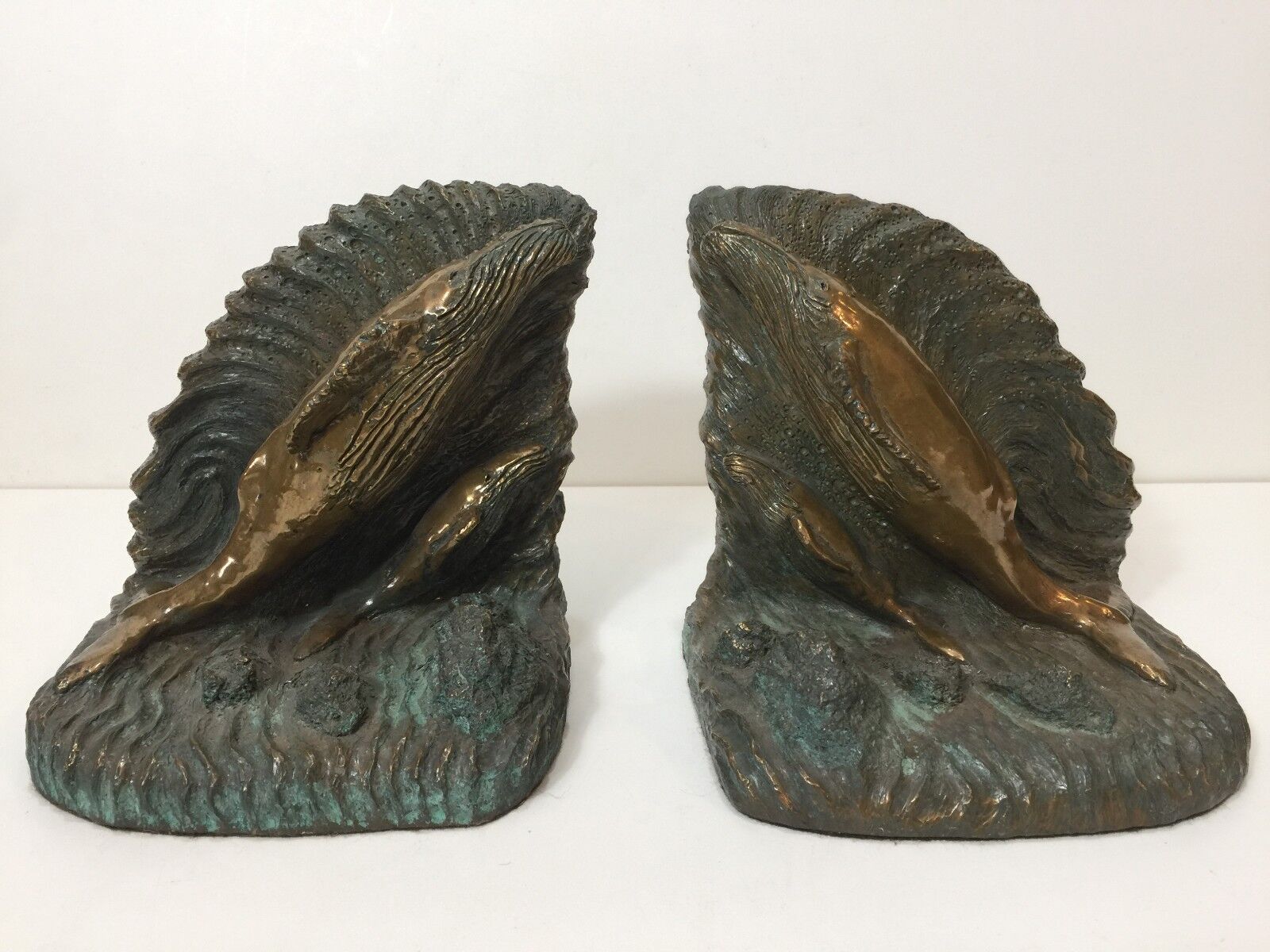 Rare 1989 David Allen Sculpture Bronze & Gypsum Swimming Whales Bookends, Signed