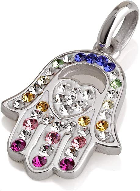 Hamsa heart Pendant With Multi Colors Crystals Gemstones 925 Silver Necklace