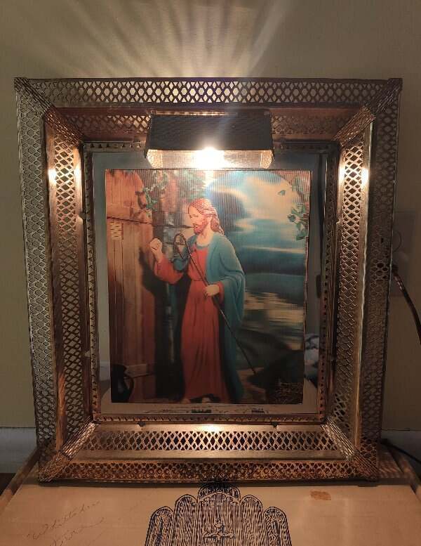Vtg 1961 3D Lighted Jesus Knocking At The Door Picture Metal Frame Original Box