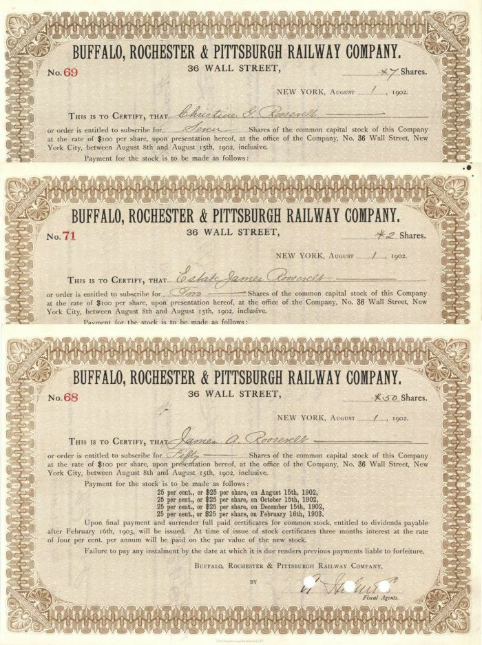 Buffalo, Rochester and Pittsburgh Railway Co. issued to 3 different Roosevelts -