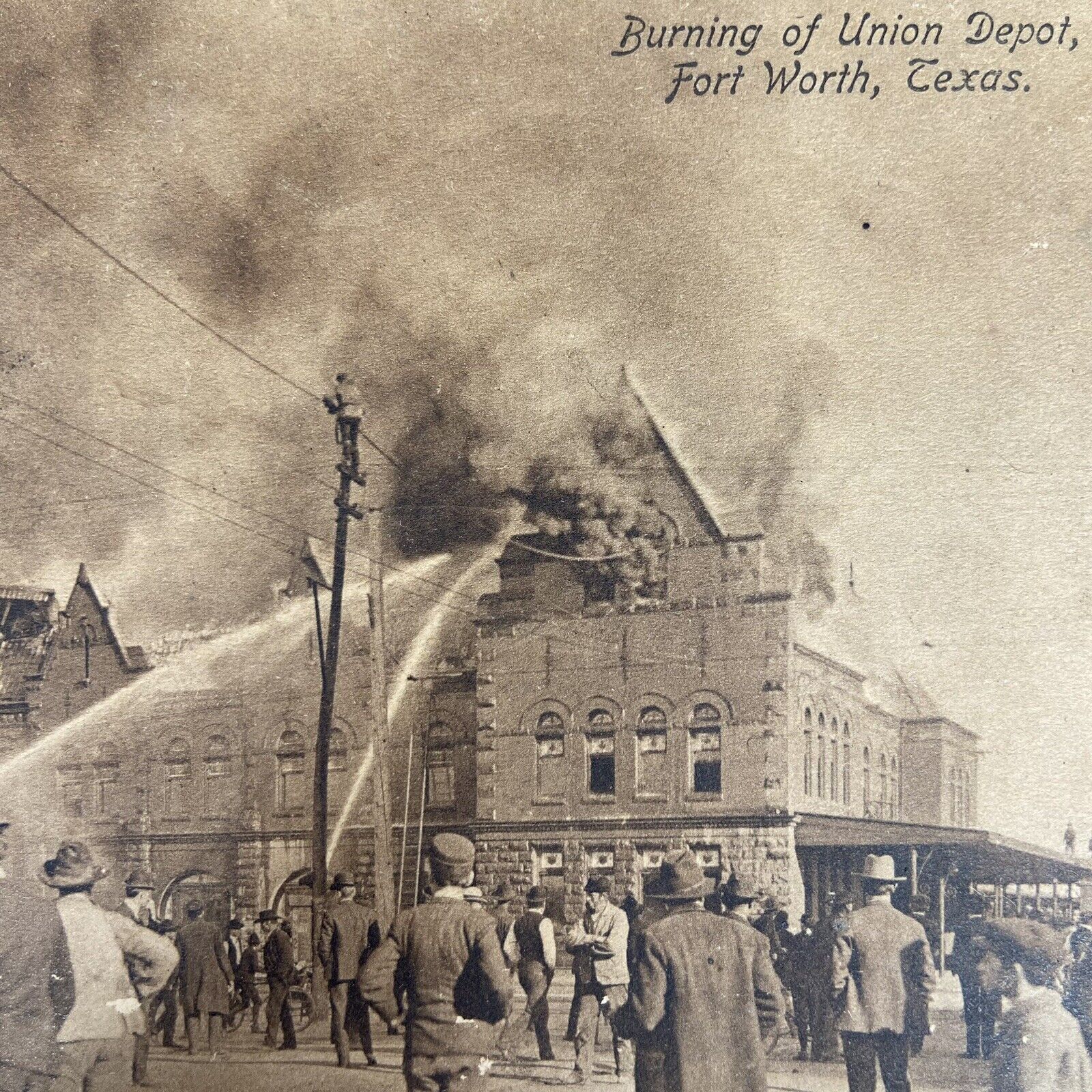 1908 VINTAGE REAL PHOTO PC BURNING OF THE UNION DEPOT FORT WORTH TEXAS RPPC
