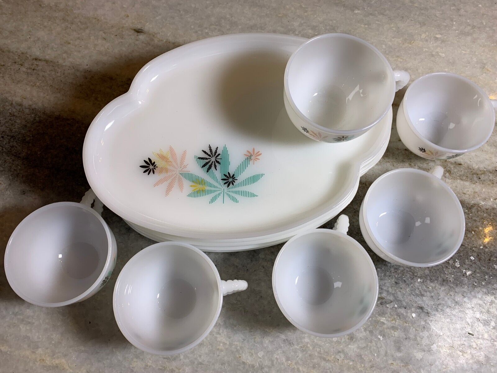 Antique '30s Milk Glass Tea Coffee Cups Trays Saucers POT Marijuana Leaf Leaves