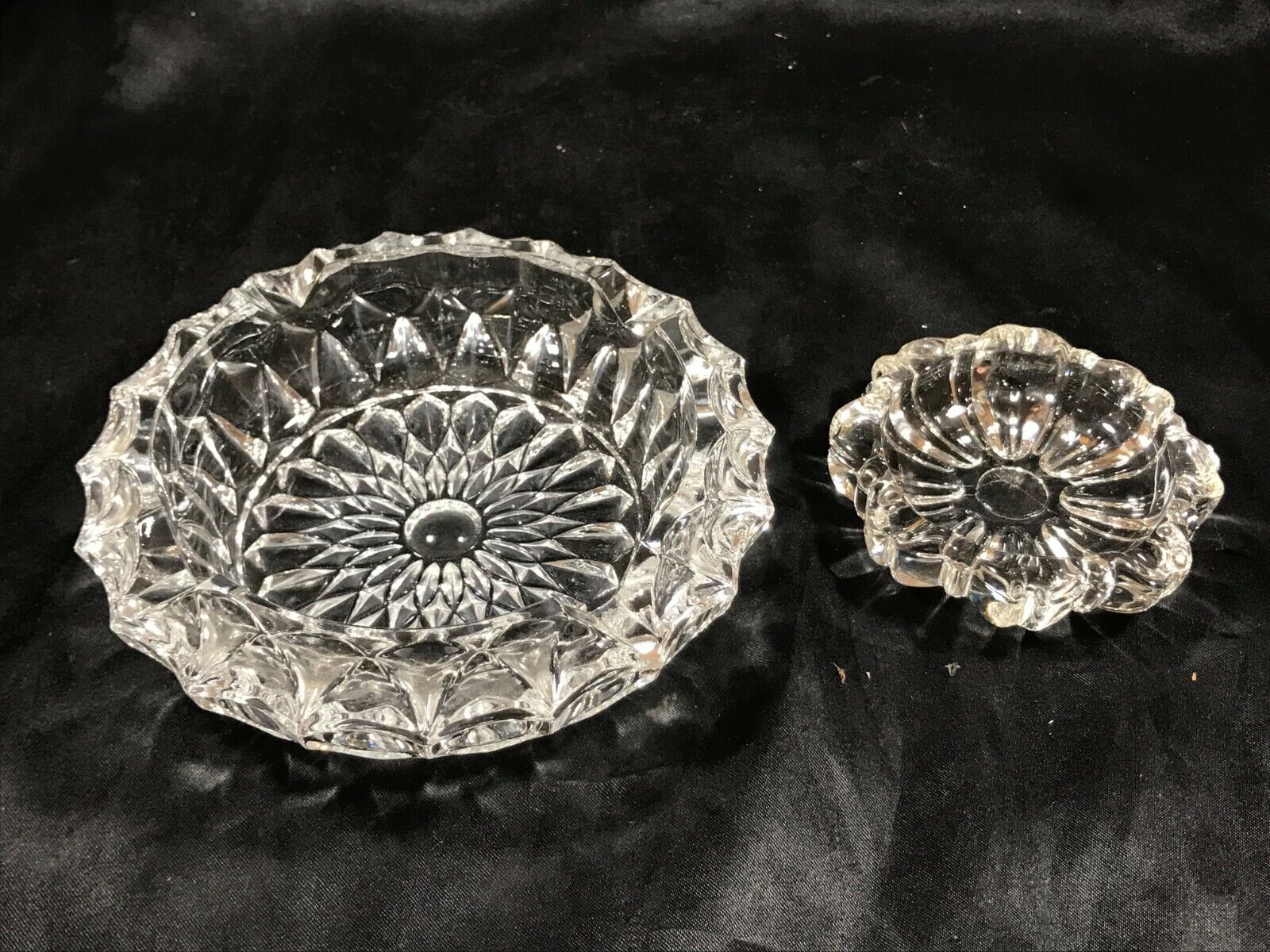 Pair of Vintage Clear Depression Glass Ashtrays 3-1/4” and 5-3/4”