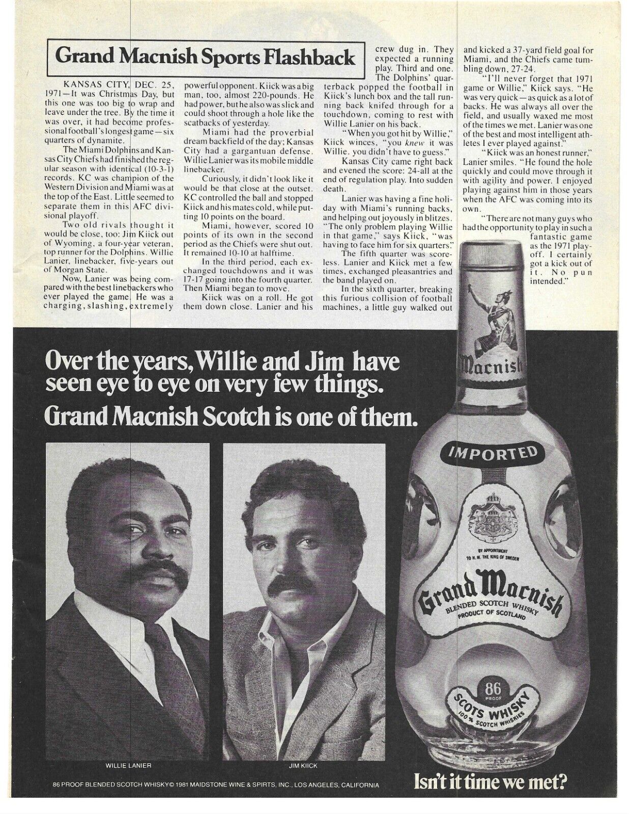 1981 Grand Macnish Scotch Whisky Willie Lanier Jim Kiick Vintage Photo Print Ad