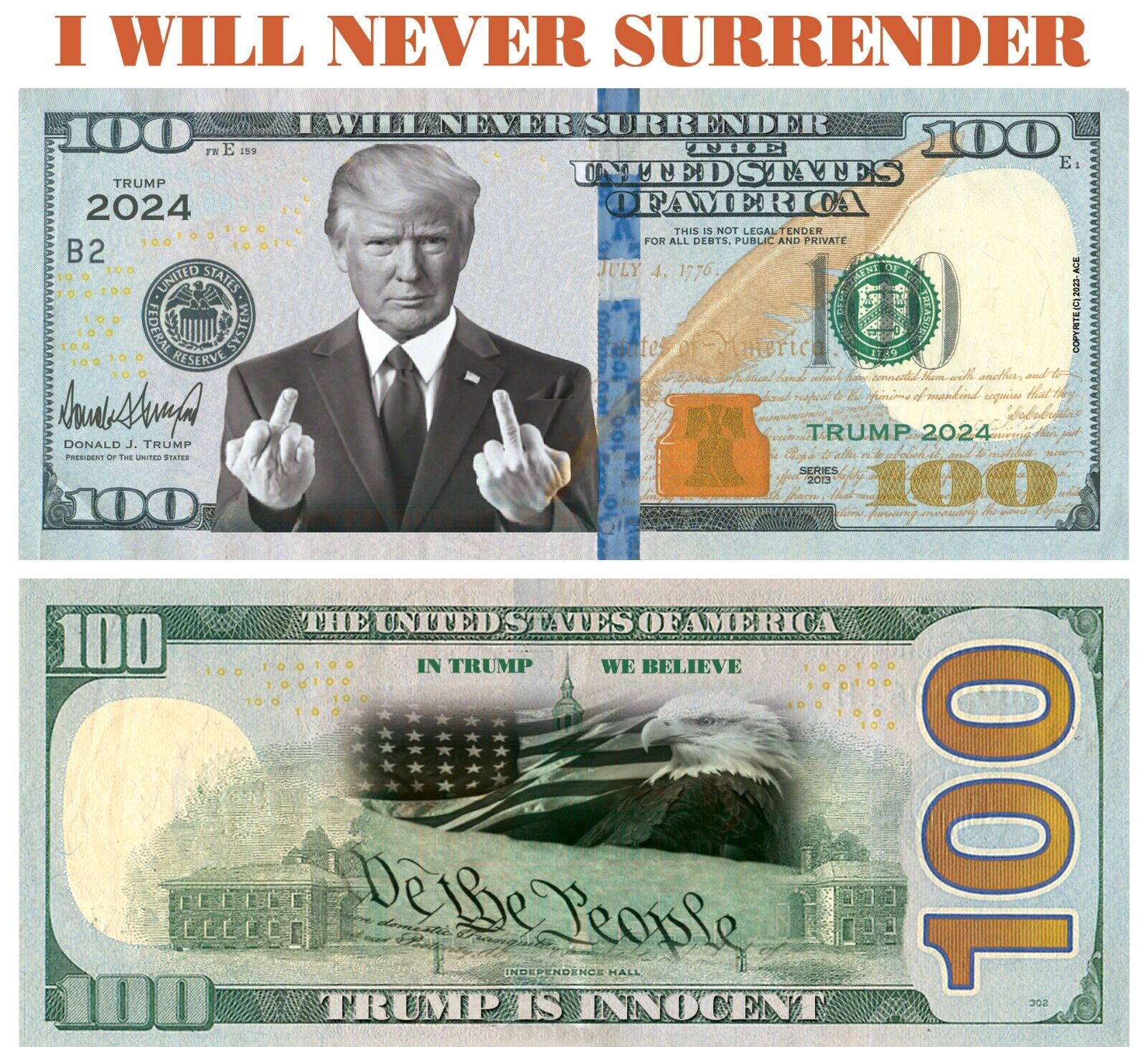 100 pack TRUMP I WILL NEVER SURRENDER 2024 Dollar Bills Funny Money Maga