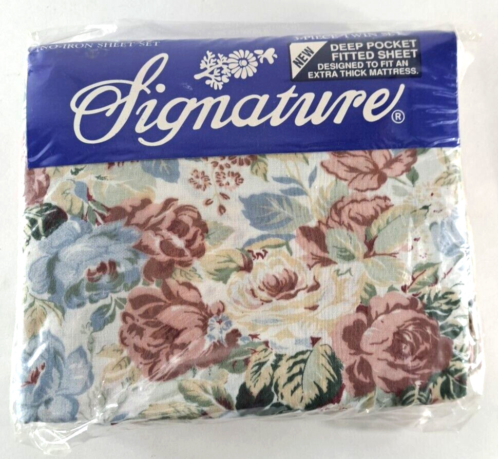 Vintage Signature Twin Sheet Set Flat Fitted Pillowcase Floral Deep Pocket 1990s