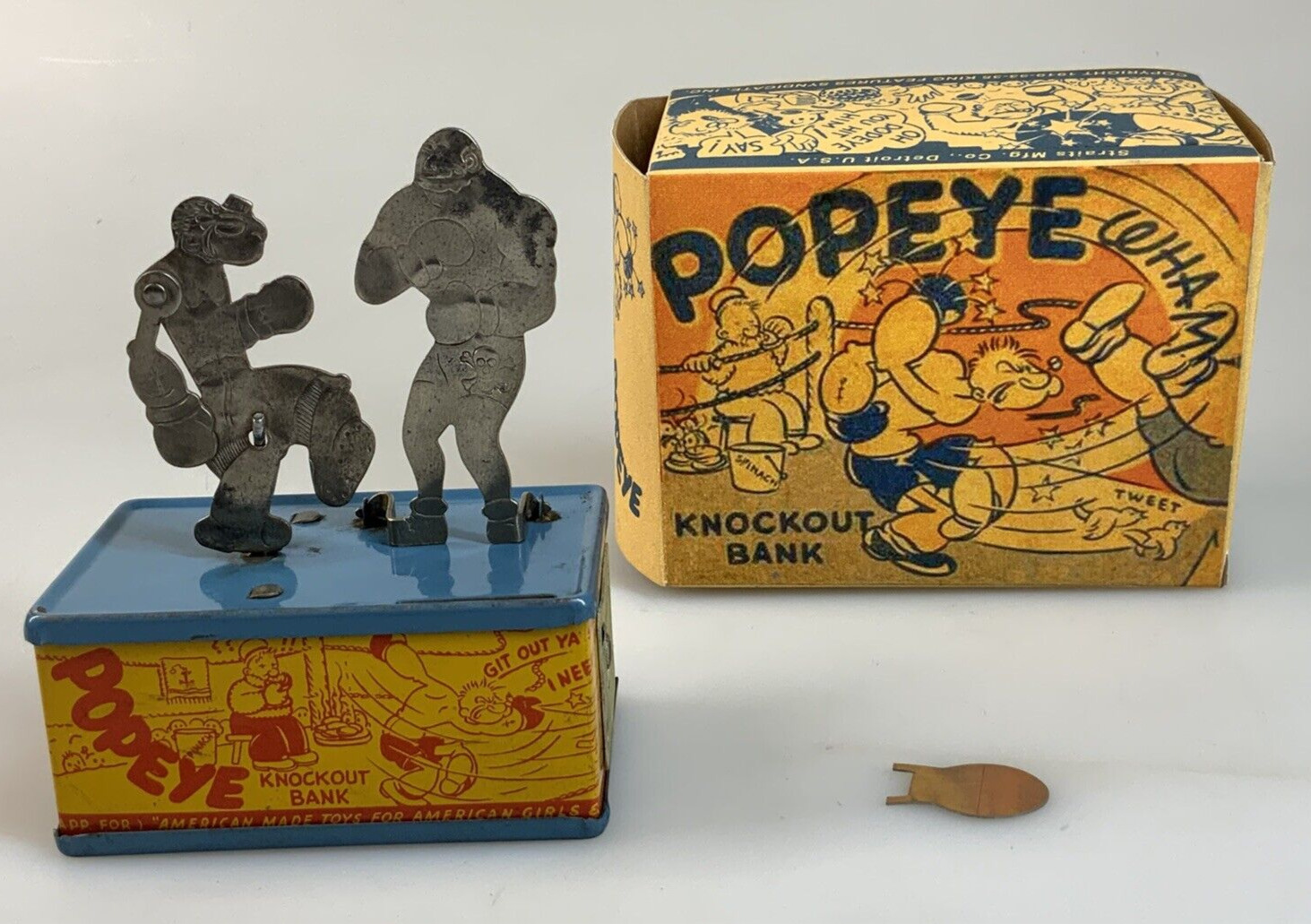 RARE Vtg 1935 Straits King Feature Syndicate POPEYE Knockout Tin Bank Box WORKS