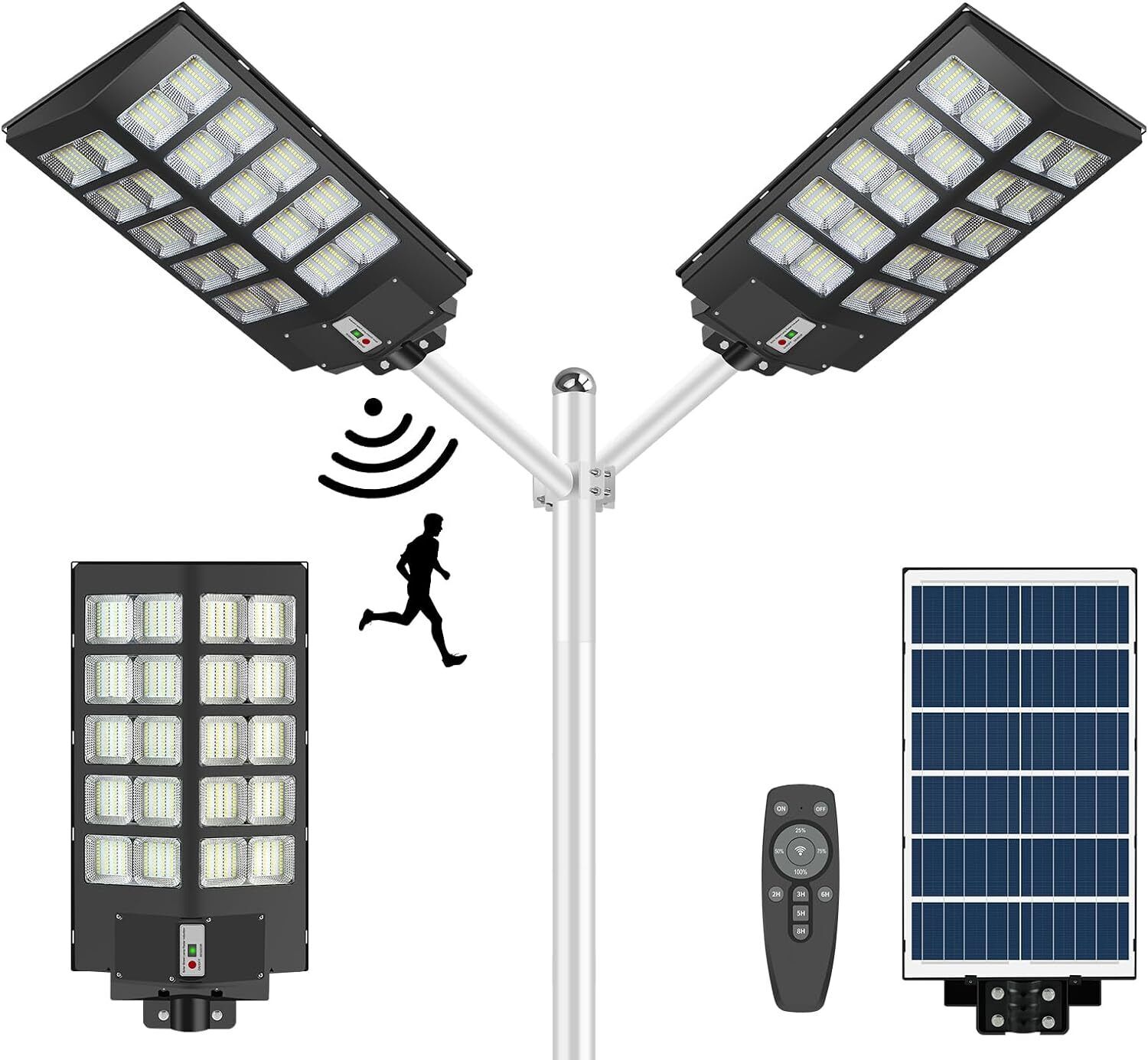 2X 2KW 7000K Commercial Solar Street Light LED Bright Outdoor Dusk to Dawn Lamp