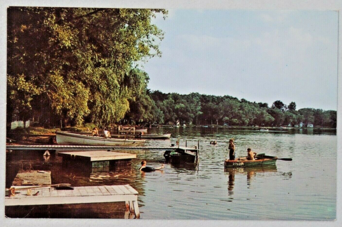 Vintage Stewart Lake Near Marshall, MI 1959 Chrome Postcard Boys in a Boat 9225