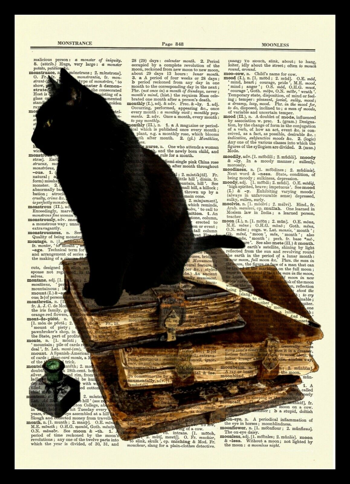 Black Cat on Vintage Books Dictionary Art Print Gift Gothic Eerie Gift