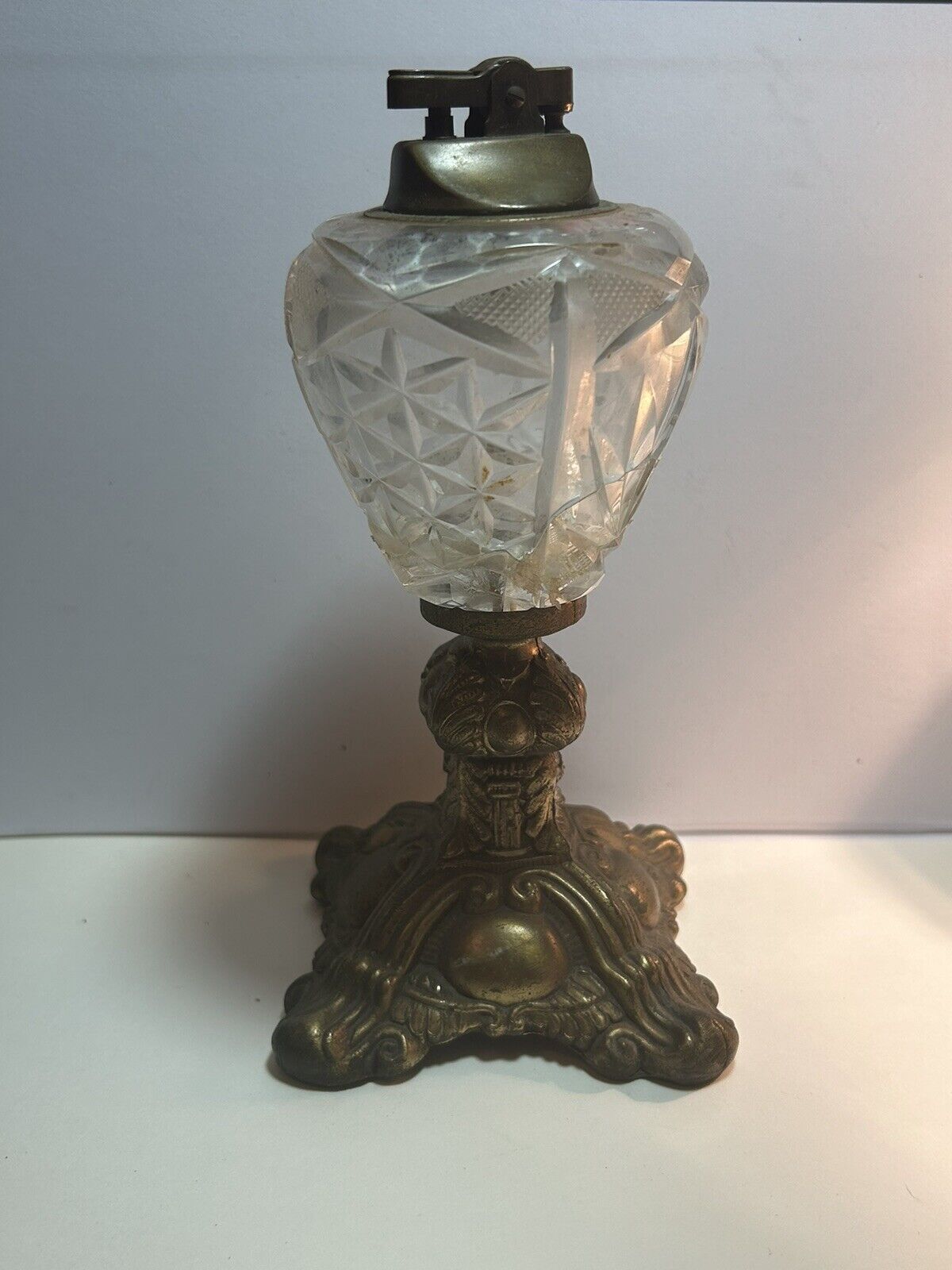 Vintage 30s Hollywood Regency ABC Brilliant Cut Glass & Kron Brass Table Lighter
