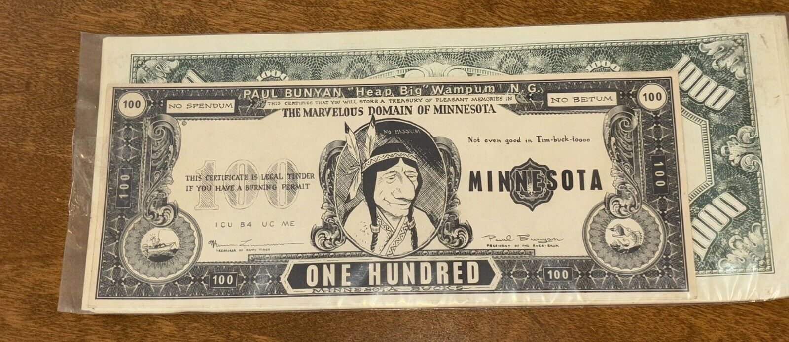 Vintage Paul Bunyan Heap Big Wampum Minnesota $100 Bucks Souvenir