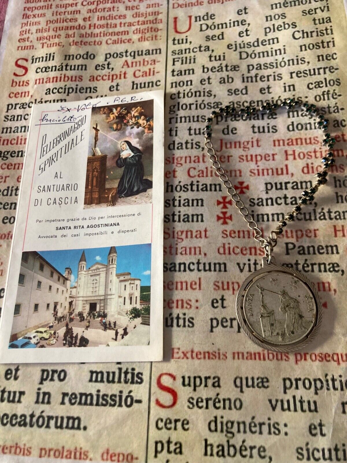 RARE RELICS ex-voto St Rita : Sanctuary & Medal and Bracelet cross & hard stone