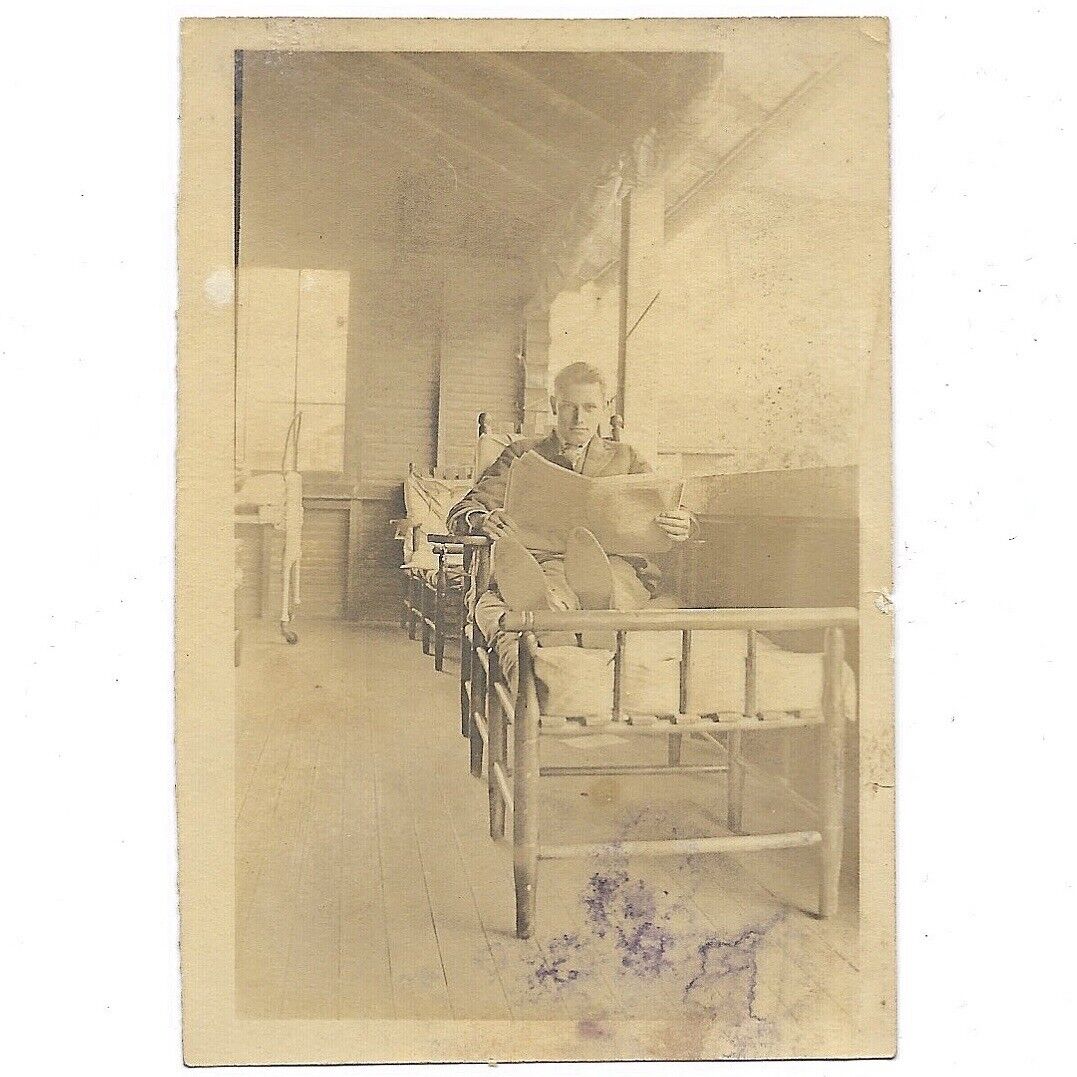 Antique Photo Male Patient Laying In TB Hospital Bed 1919 Mental Rehab Vintage