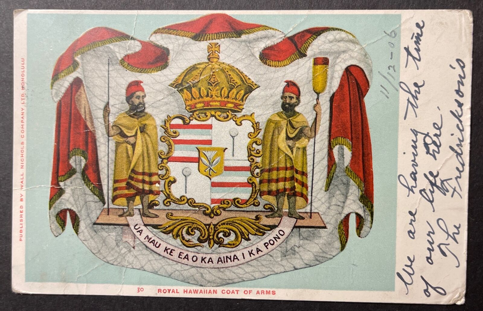 Royal Hawaiian Coat of Arms Hawaii printed 1906 UDB low grade