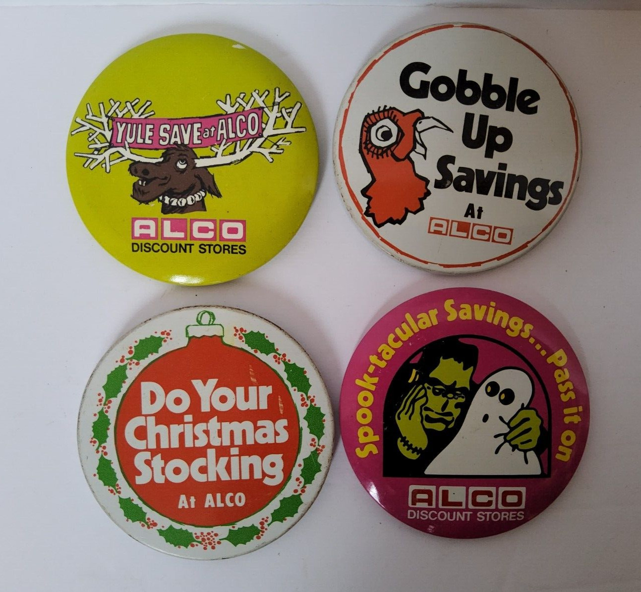 4 Vintage ALCO Store Cartoon Advertising Employee Pinback Buttons 3\