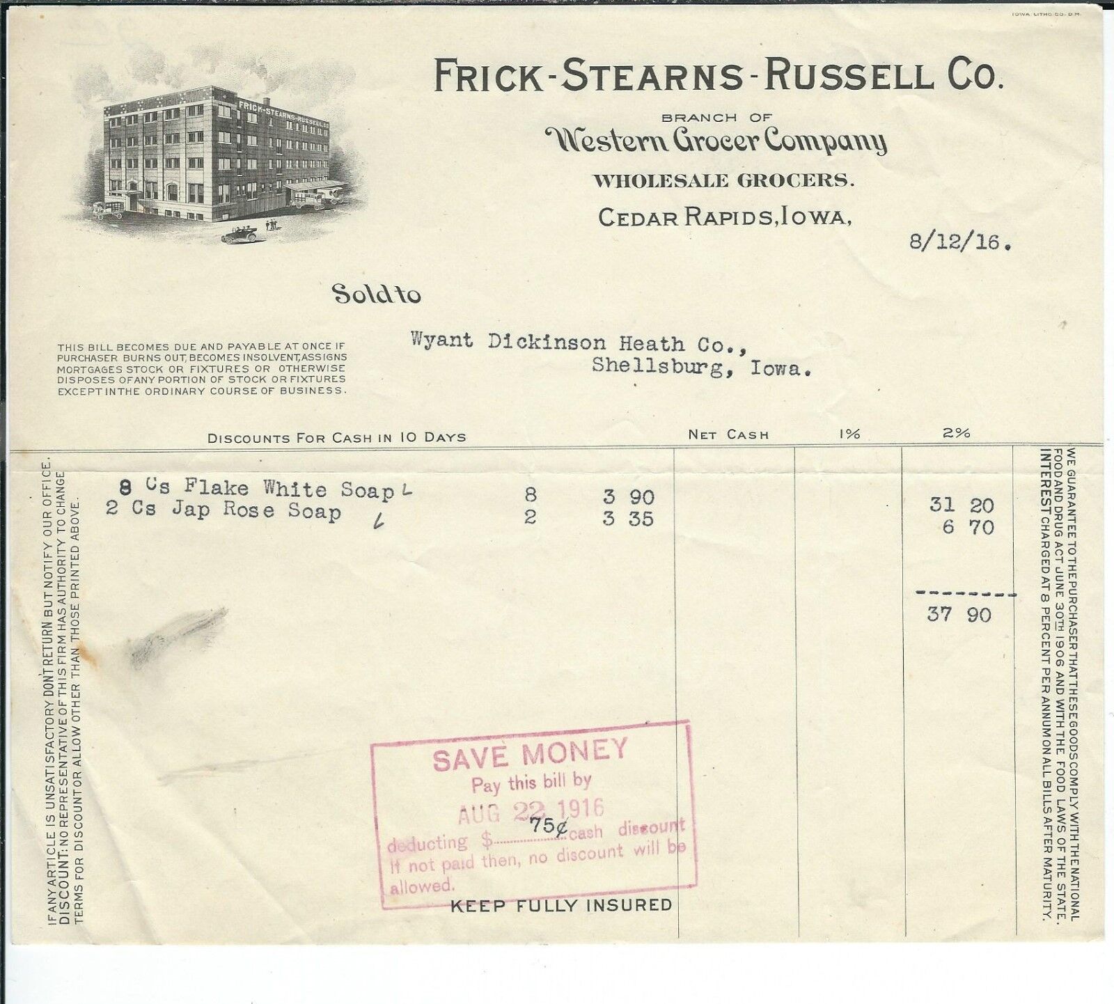ME-103 - Cedar Rapids, Iowa, August 12, 1916 Invoice Frick Stearns Russell Co